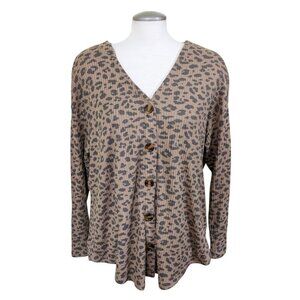 Aero Knit Cardigan Sweater Womens L Brown Leopard Print Ribbed Knit Button Up